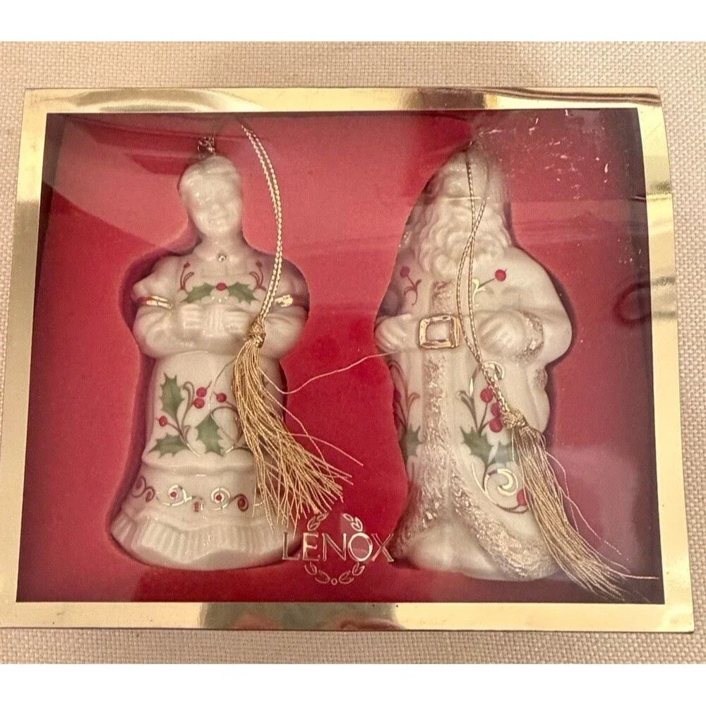 Lenox Mr. & Mrs. Santa Claus Boxed Ornament Set Holly Motif Gold Trim Vintage
